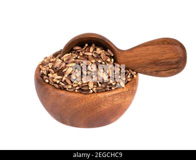 Milk Thistle Samen in Holzschale und Löffel, isoliert auf weißem Hintergrund. Silybum marianum, Scotch Thistle oder Marian Thistle. Stockfoto