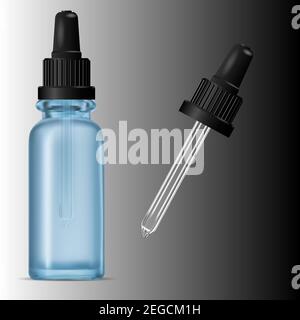 Mockup Der Tropfflasche. Blaue Glasflasche für Alterung Serum, schwarzer Deckel. Medizinisches Fläschchen mit Pipette isoliert. Tropfen Pipette Ätherisches Aroma Öl Flakon Pa Stock Vektor