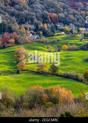 Blick über Felder in Richtung Starkholmes Dorf von Matlock Bath im Derbyshire Dales Peak District England mit Bäumen in Herbstfarben. Stockfoto