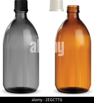 Medizin Sirup Flasche. Pharmazeutische braune, schwarze Glasbehälter Vektor-Vorlage. Apotheke Medikament Heilung Schraubflasche. Realistisches Glanzglas Vitamin ME Stock Vektor