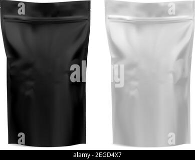 Kaffee-Paket. Folienbeutel-Mockup. Mehl, Teepapier Beutel blank Design. Schwarz-Weiß-Lebensmittel-Modell. Realistische Plastik 3D Schablone für Pasta. D Stock Vektor