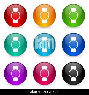 Smartwatch, Smart Watch Icon Set, bunte glänzende 3D Rendering Ball Buttons in 9 Farboptionen für webdesign und mobile Anwendungen Stockfoto