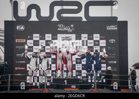 20 Pontus TIDEMAND (swe), Patrik BARTH (swe), TOKSPORT WRT, SKODA Fabia Evo, WRC 2, 23 Jan KOPECKY (CZE), Jan HLOUSEK (CZE), SKODA Fabia Evo, WRC 2, 21 OSTBERG Mads (NOR), ERIKSEN Torstein (NOR), Citroen C3 R5, PH Sport WRC 2, Podium, Portraitwährend der ACI Rally Monza 2020, 7th Runde der FIA WRC Championship 3 vom 8. Bis 2020. Dezember 2020 in Monza, Brianza in Italien - Foto François Flamand / DPPI Stockfoto