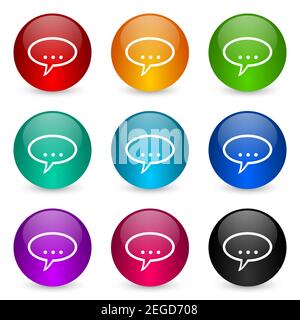 Forum Icon Set, bunt glänzend 3D Rendering Ball Buttons in 9 Farboptionen für webdesign und mobile Anwendungen Stockfoto