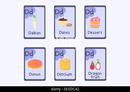 Bunte Phonics Flashcard Buchstabe D - Daikon, dimsum, Datteln, Dessert, Donut, drachenfrucht. Lebensmittel Themen ABC-Karten für den Unterricht Lesen mit Lebensmitteln, Gemüse, Obst und Nüssen. Serie von ABC. Stock Vektor