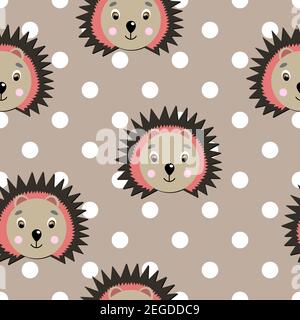 Vektor flache Tiere bunte Illustration für Kinder. Nahtloses Muster mit niedlichen Igel Gesicht auf beige Punkte Hintergrund. Entzückende Karikatur Stock Vektor