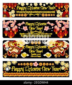 Happy Chinese New Year Gruß Tags der goldenen Münzen Ornament und traditionelle chinesische Drachen in Kirschblüten Blumen. Vector China Feiertagsfeier Stock Vektor