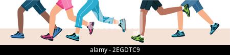 Beine von Menschen Gruppe in Schuhen zu Fuß. Gruppe von Menschen laufen einen Marathon, Füße in Sportschuhen. Männer und Frauen laufen im Training. vektor-Illustration in Stock Vektor