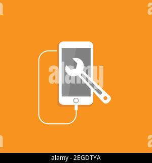 Reparatur per Telefon. Smartphone-Wartung. Telefon mit Schraubenschlüssel. Mobilfunkdienst. Warten, Einstellungen, Support, Fix-Taste. Vektor-Grafik flach isol Stock Vektor