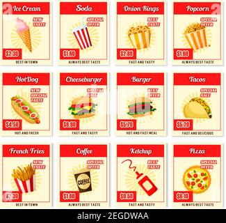 Fast Food Restaurant Menü Preiskarten Vorlagen für Eis, Soda oder Kaffee trinken, Burger und Hot Dog oder Pizza und Dessert. Vector Sandwich, Pommes o Stock Vektor