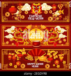 Chinesische Neujahrsgrüße Banner der traditionellen China goldenen Ornamenten und Dekorationen und Hieroglyphen Wünsche in Gold Rahmen. Vector Mondjahr Urlaub Stock Vektor