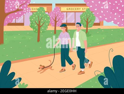 Paar Spaziergang im Frühjahr flache Farbe Vektor Illustration Stock Vektor