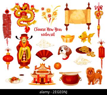 Chinesisches Neujahrsfest Symbol Satz Frühlingsfest Feier. Rote Laterne, Feuerwerksknoten und Knotenornament mit Glücksmünze, Drache, Hund, Gold in Stock Vektor