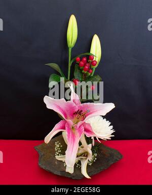 Eine Vielzahl von Blumen, Knospen und Blättern in einem bunten Indoor-Anordnung mit selektiver Unschärfe -09 Stockfoto