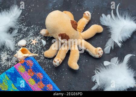 Summer background. Octopus and seashells border on sand Stockfoto