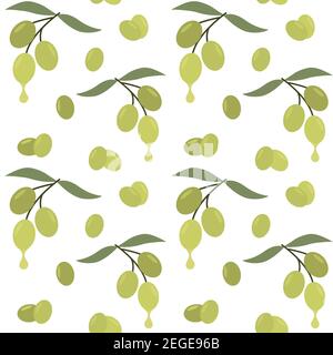Nahtloser Hintergrund mit Oliven. Vektor wiederholendes Muster mit Früchten und Olivenblättern. Vorlage für Design. Stock Vektor