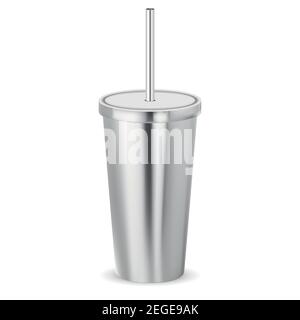 Cocktail Shake Cup. Mockup im Kaffeebecher. Becher aus Metall mit Milchglas und Deckel für kaltes Teegetränk. 3D Tubenrohling, Abbildung. Edelstahl Becher für Nartini, g Stock Vektor