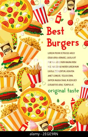 Fastfood beste Burger-Menü Poster für Fastfood-Restaurant oder Bistro-Café. Vector Cheeseburger, Hamburger oder Hot Dog Sandwich und Pizza, Eis oder Stock Vektor
