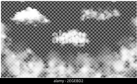 Vektor Himmel Wolke auf transparentem Hintergrund. Smog-Effekt. Realistische weiße flauschige Rauchstruktur Stock Vektor