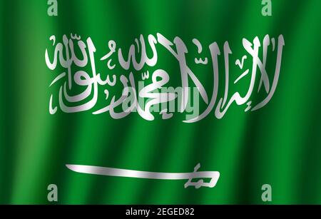 Saudi-Arabien Flagge 3D der arabischen kalligraphischen Inschrift und Schwert auf grünem Hintergrund. Islamisches Königreich Land offizielle nationale Flagge winken Witz Stock Vektor