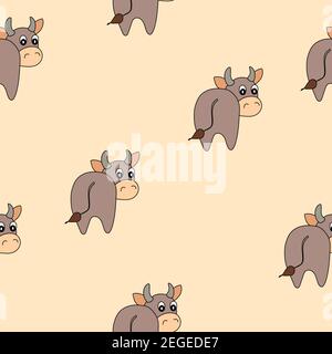 Vektor flache Tiere bunte Illustration für Kinder. Nahtloses Muster mit niedlichen Stier auf beigem Hintergrund. Cartoon liebenswert Charakter. Design für Stock Vektor