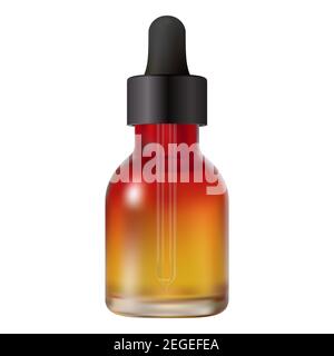 Braune Glasflasche mit Pipette. Medizinischer Behälter blank mit schwarzer Kappe mockup. Transparente Verpackung mit Pipette für flüssige Apothekentinktur. Kollag Stock Vektor