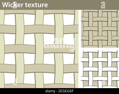 Drei verschiedene Versionen eines nahtlosen Musters füllen sich mit einer Korbstruktur: Ungefüllt, mit weißer und farbiger Füllung. Stock Vektor