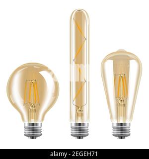 Edison-Lichtset. Realistische Vektor-Glühbirne Dekoration. Transparente Vintage-Glühbirne für Loft-Decke. Abbildung der Glühlampe im Innenraum. Dekorativ Stock Vektor