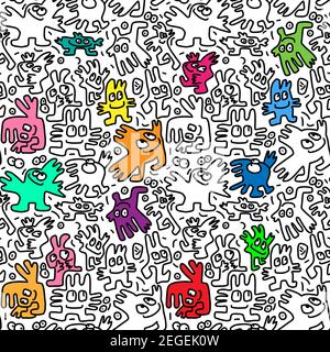 Nahtlose Doodle-Muster mit kleinen niedlichen Farbe Monster. Handgezeichnete Vektorgrafik Stock Vektor