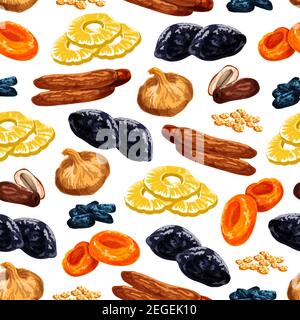 Getrocknete Früchte nahtlose Muster von süßen trockenen Obst Snacks. Vector Fliesen von getrockneten Rosinen, Pflaumen oder Aprikose und Datteln oder süßen Feigen, Ananas oder Kirsche Stock Vektor