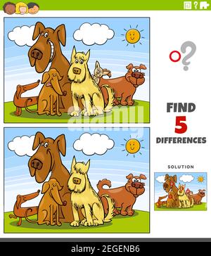 Cartoon Illustration der Suche nach den Unterschieden zwischen Bildern Lernspiel Mit lustigen Hunden Tierfiguren Gruppe Stock Vektor