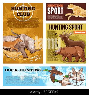 Hunter Club oder Jagd Open Season Skizzen Poster von wilden afrikanischen Tieren für Safari-Jagd. Vektor-Design für Sport Jagdverein auf Nashorn, Gepard Stock Vektor