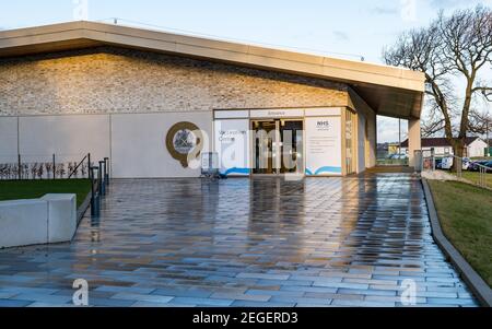 Covid-19 Eingang zum Impfzentrum, Royal Highland Showground, Ingliston, Edinburgh, Schottland, VEREINIGTES KÖNIGREICH Stockfoto