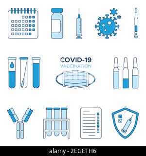 Set von Symbolen Coronavirus COVID-19 Impfung, Kalender, Ampullen von Impfstoff, Spritze, Coronavirus, Kalender, Schutzschild, Test, Blutteströhre, Thermometer Stock Vektor