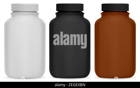 Pillenflasche. Vitamin-Ergänzung 3D Paket mockup. Medizinisches Glas-Design ohne Logo für Medikamente im Gesundheitswesen. Plastikbehälter für Tabletten, Capsu Stock Vektor