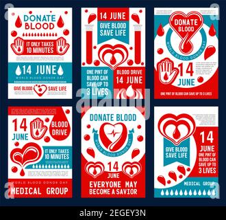 Blutspende medizinisches Bannerset des Weltblutspendetages. Rotes Herz mit Tropfen Blut, Hilfe Hand und Transfusion Labor Reagenzglas promo Flaume Stock Vektor