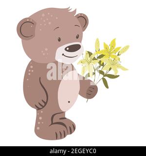 Teddybär mit Blumenstrauß einer Lilie. Handgezeichnete Vektorgrafik im Aquarellstil. Stock Vektor