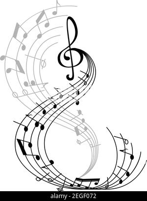 Notenplakat mit musikalischem Symbol auf geschwungenem Notensystem mit Violinschlüssel und Tonsignaturen. Klassische Musik Melodienotation für Musik Themen Design Stock Vektor