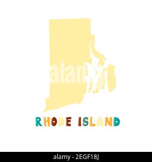 Rhode Island Karte isoliert. USA Kollektion. Karte von Rhode Island - gelbe Silhouette. Kritzelnde Schriftzüge auf Weiß Stock Vektor
