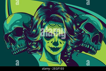 Zucker Schädel Mädchen Gesicht mit zwei menschlichen Schädel Stock Vektor