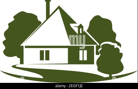 Green eco Home Ikone von Haus und Bäumen für Immobilien und Bauunternehmen. Vektor isoliert flach Symbol des Hausgarten für Stadt-und Stadtnature Stock Vektor