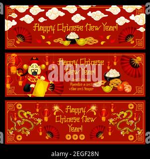 Mondneujahresbanner der Feier des chinesischen Frühlingsfestes. Orientalische festliche Laterne, Drache und Mandarine mit Goldmünze, Fächer und Feuerwerk, Gold i Stock Vektor