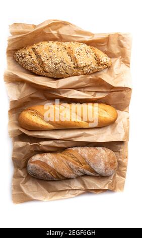 Frisch gebackenes leckeres Brot, Ciabatta. Hausgemachte gebackene verschiedene Baguette, Vollkornbrot, Hafer und Roggenbrot. Gesunde Lebensweise, Multi-Samen, glutenfrei Stockfoto