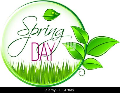 Frühling Tage Saison grünes Blatt und wachsende Gras Symbol für Frühlingswünsche oder saisonale Feiertagsfeier Grußkarte Design. Vektor-isolierte Symbos Stock Vektor