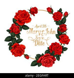 Save the Date Hochzeit Einladung Karte von roten Rosen Blumen Kranz Rahmen. Vektor floral verzierten Design für die Ehe Gruß von roten blühenden Blumen bou Stock Vektor