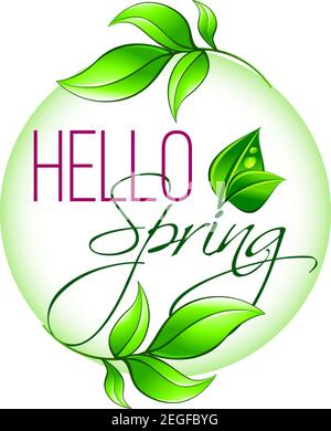 Hallo Frühling saisonalen Wunsch Symbol des grünen Blattes und wachsende Baumpflanze für Frühling Urlaub Feier Grußkarte Design. Vektor-isoliertes Symbol o Stock Vektor