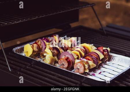 Leckere Mahlzeit am Feuer zubereitet Stockfoto