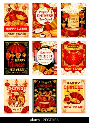 Happy Chinese New Year und Lunar Dog Year Poster oder Grußkarten der traditionellen China Feiertagsfeier Symbole. Vektor chinesischen Drachen und Papier Stock Vektor