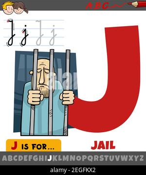 Pädagogische Karikatur Illustration des Buchstaben J aus Alphabet mit Gefängnis Wort für Kinder Stock Vektor