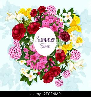 Sommerliche Blumenplakat von blühenden Blumen für die Sommersaison. Vektor-Design von blühenden Narzissen, Lilie und Krokussen Bund mit Tulpen b Stock Vektor